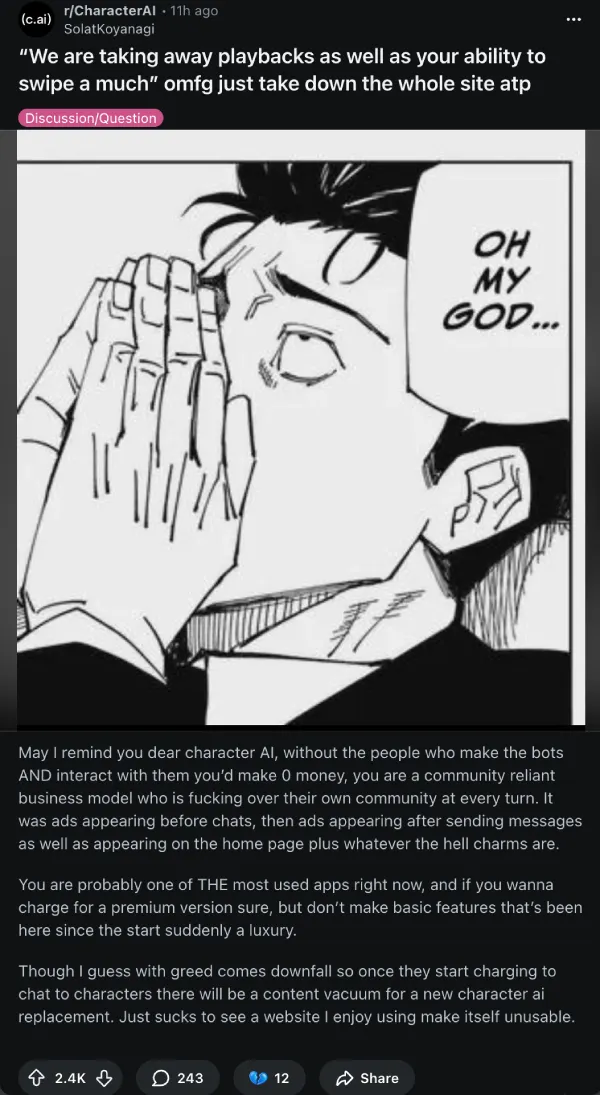 Post do Reddit com 2,4K upvotes reagindo à remoção das reproduções: "We are taking away playbacks as well as your ability to swipe as much - omfg just take down the whole site atp", conforme capturado em r/CharacterAI