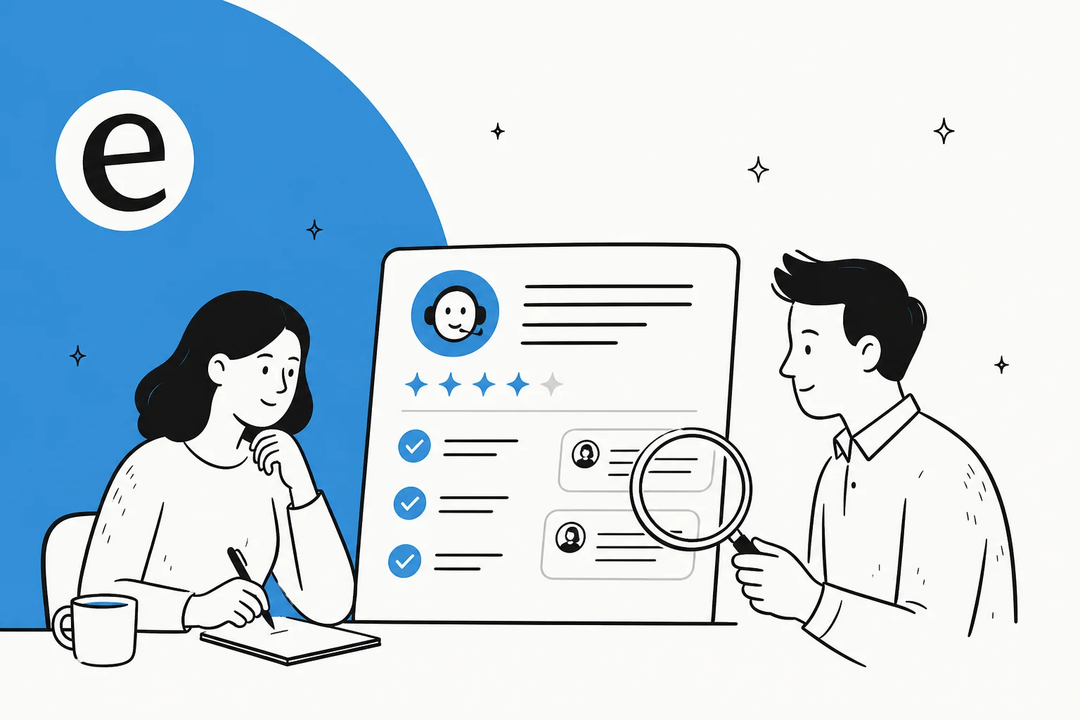 Illustration of an AI customer support quality assurance review: a scorecard and a magnifying glass over support conversations