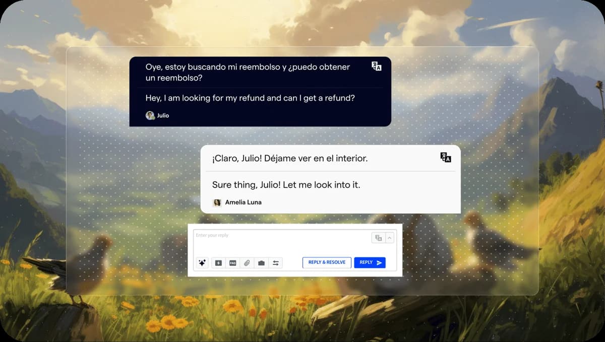 Helpshift Language AI translating an agent reply between Spanish and English, as taken from Helpshift
