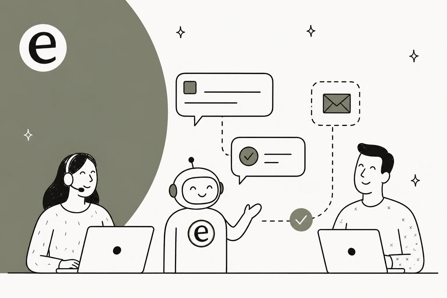 Ilustração de um sistema de tickets com IA resolvendo automaticamente solicitações de suporte recebidas