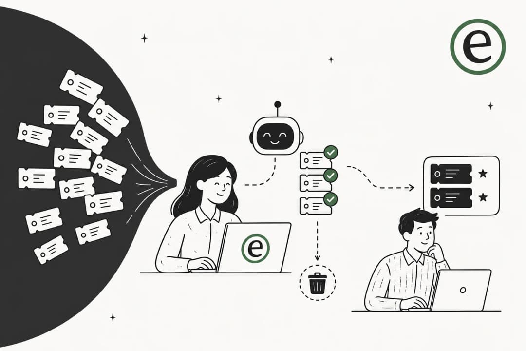 自律型AIエージェントが繰り返しのチケットを解決することで、忙しいサポートキューが縮小していくようすを描いた手描きのエディトリアルイラスト
