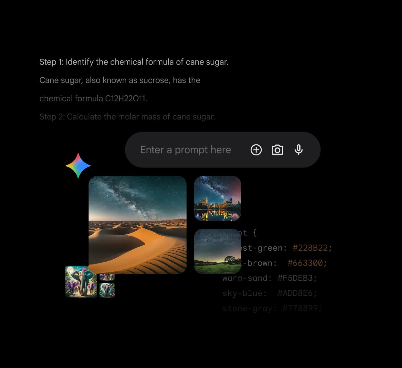 Google Gemini-Promptleiste mit multimodaler Eingabe, Bildbeispielen, Code-Snippets und Farbpalettengenerierung, von Google