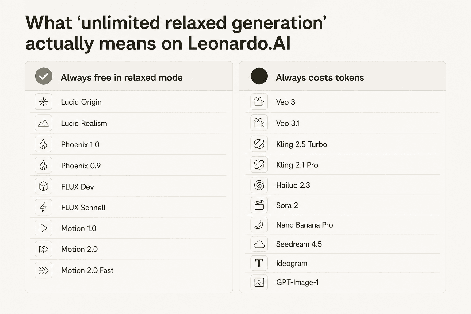 Zweispaltige Infografik zum Vergleich von Leonardo.AI Modellen, die unbegrenzte Relaxed-Generierung beinhalten (Lucid Origin, Lucid Realism, Phoenix, FLUX, Motion) gegenüber Modellen, die immer Token verbrauchen (Veo, Kling, Hailuo, Sora, Nano Banana Pro, Seedream, Ideogram)