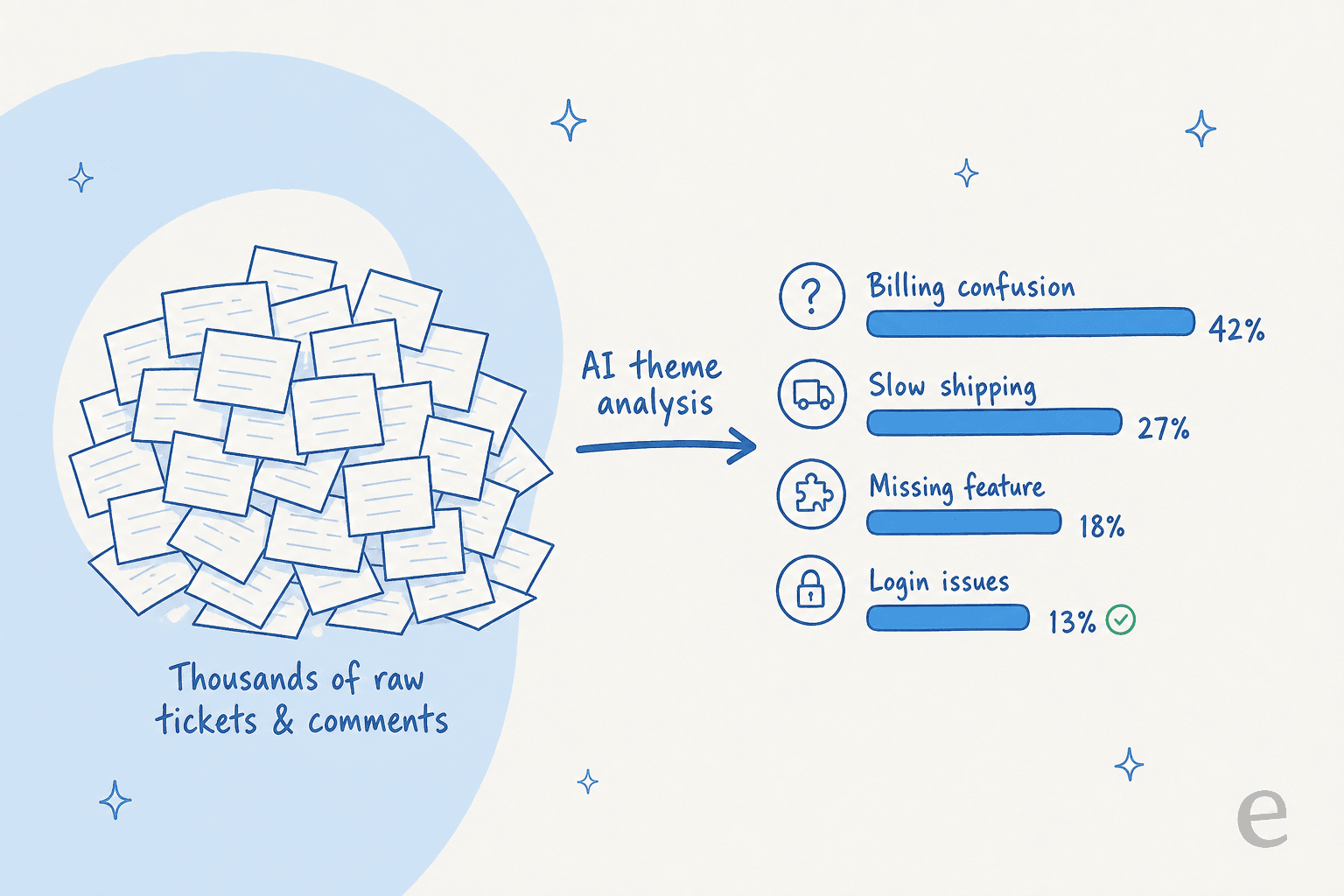Before and after: thousands of raw tickets and comments on the left, transformed by AI theme analysis into a ranked list of quantified themes on the right