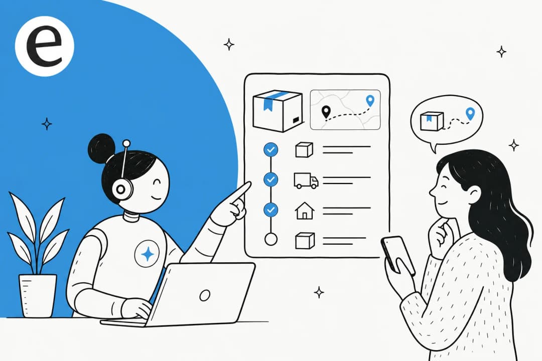 Illustration of an AI assistant looking up an order status timeline with shipping and delivery progress