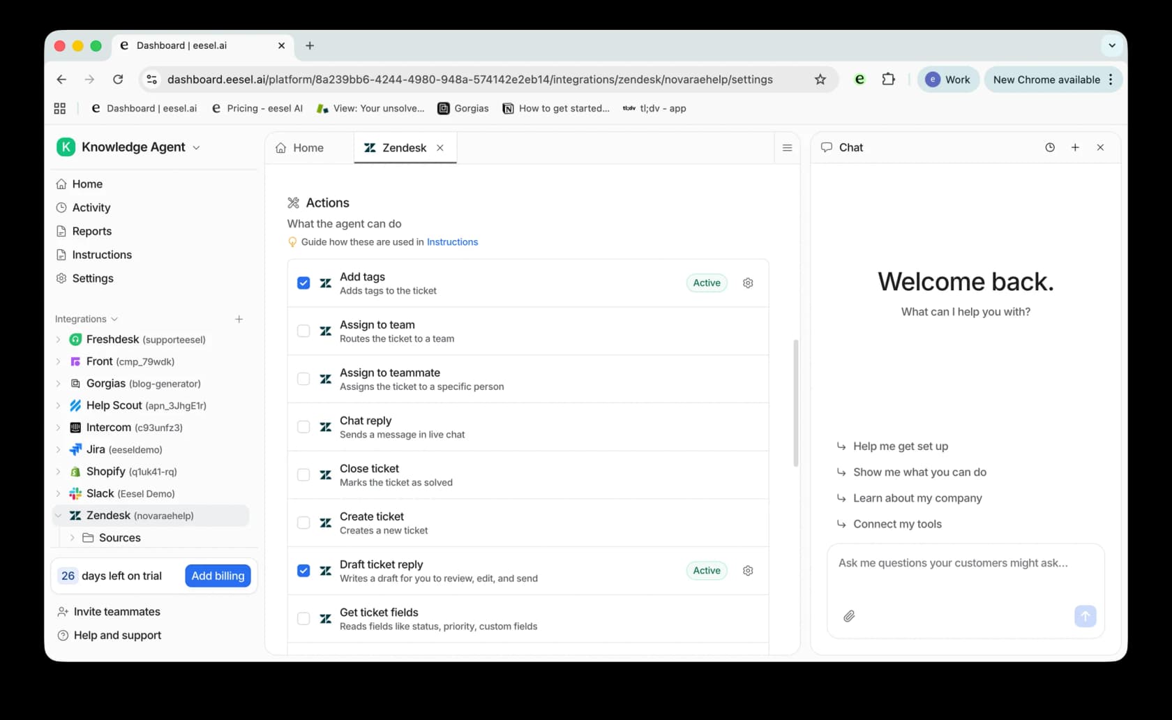 Screenshot of the eesel dashboard showing the Draft ticket reply action enabled for a Zendesk integration