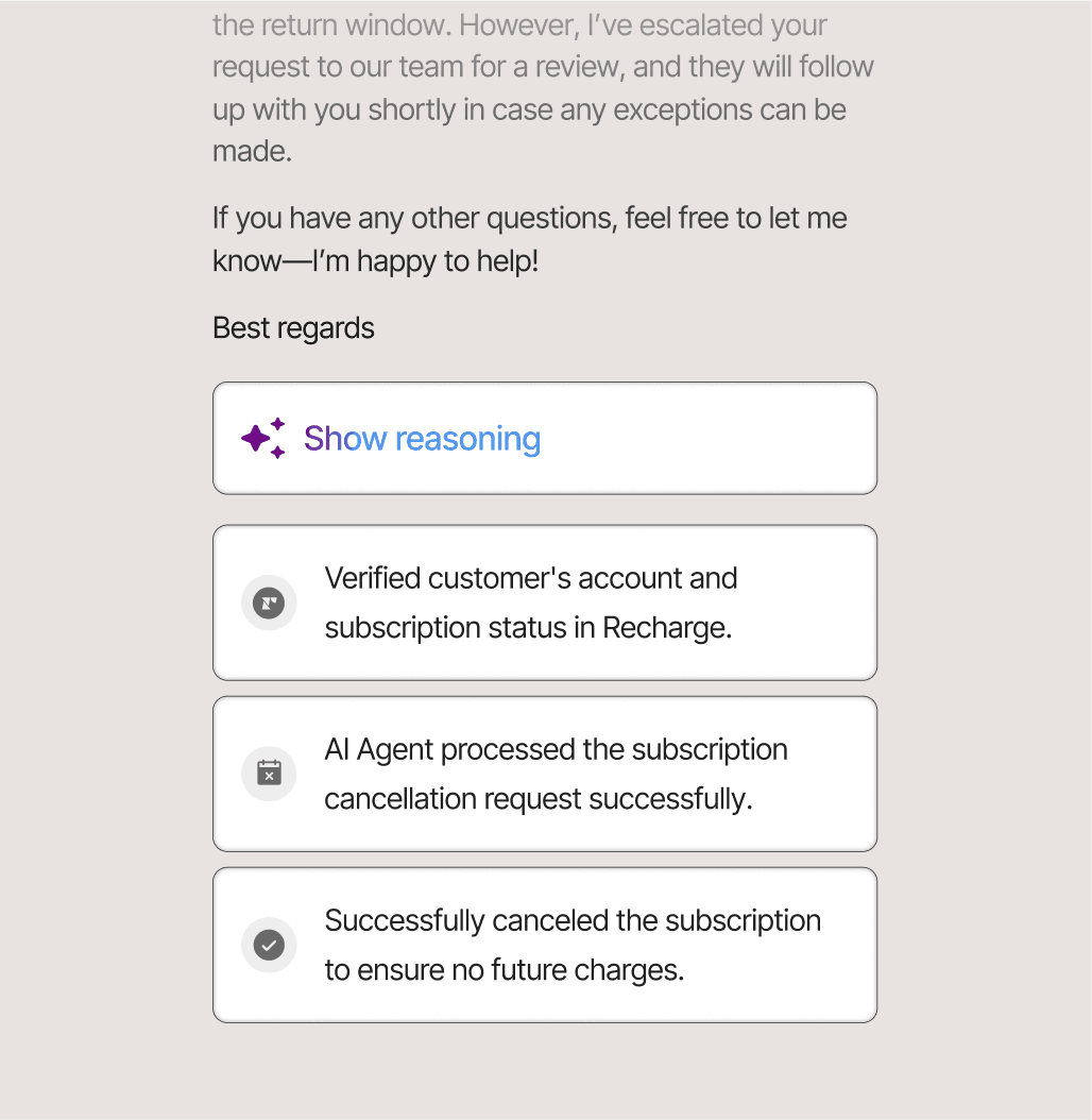 Gorgias AI Agent showing its reasoning steps as it verifies a Recharge subscription and processes a cancellation