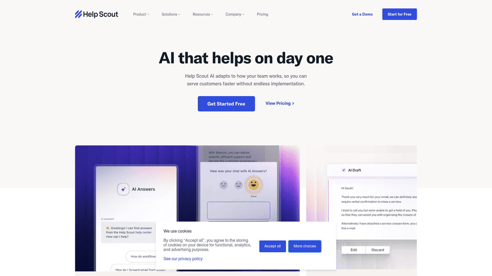 Help Scout AI features page showing AI Answers and the Inbox Assistant, as taken from Help Scout
