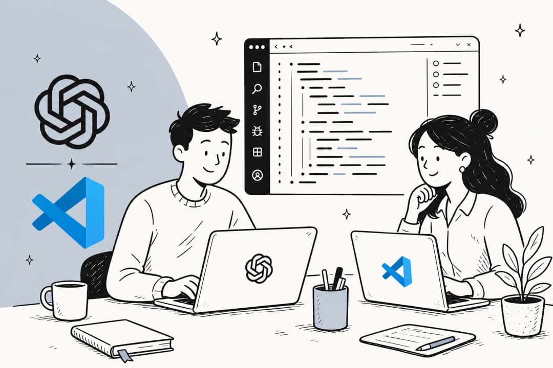 OpenAI- und VS Code-Logos auf einem warmen, cremefarbenen Hintergrund zur Illustration der Codex-Integration