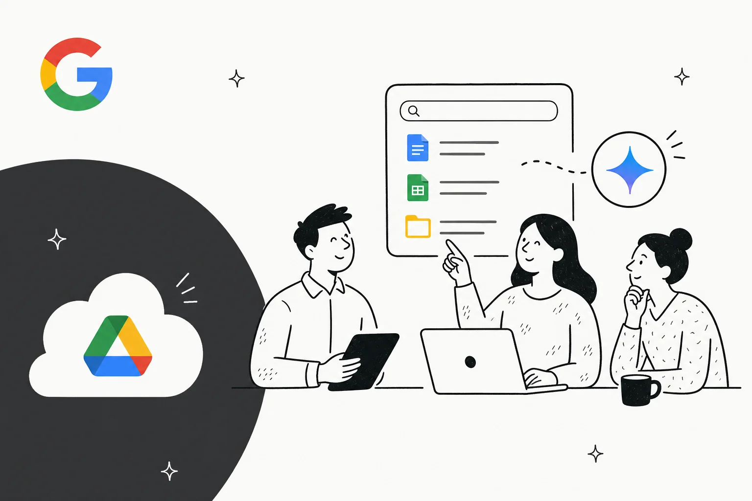 Illustration d'un assistant IA lisant et organisant des fichiers dans le stockage cloud, en dessin au trait bleu Google