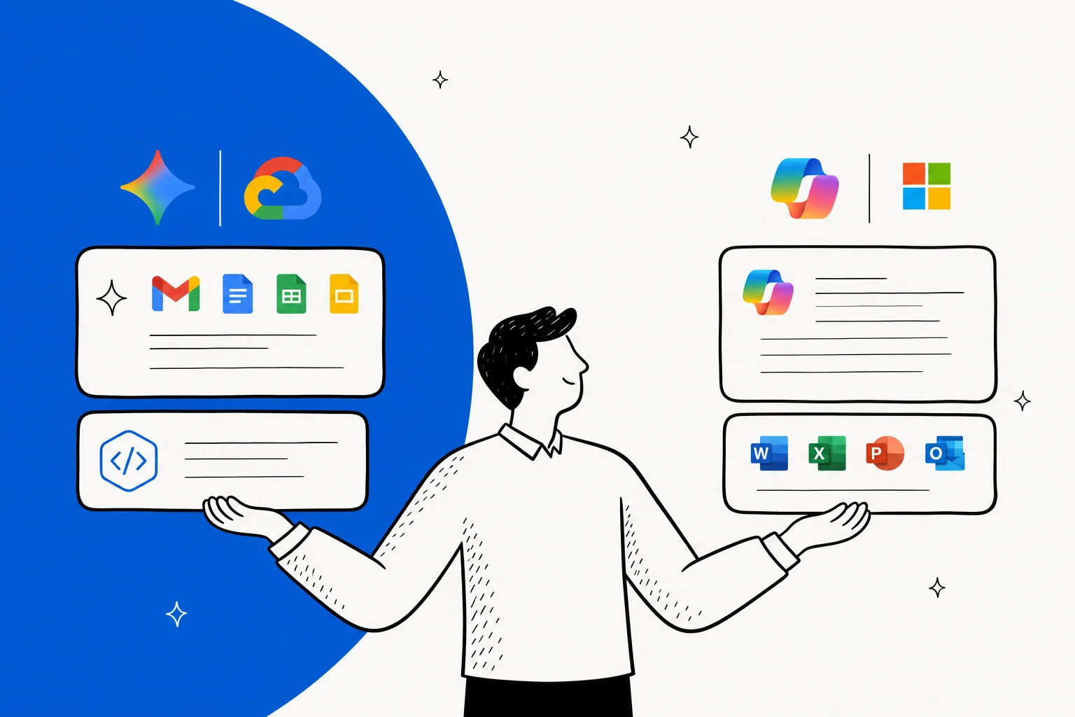 GoogleのGemini AIエコシステムとMicrosoft Copilotを比較したイラストバナー
