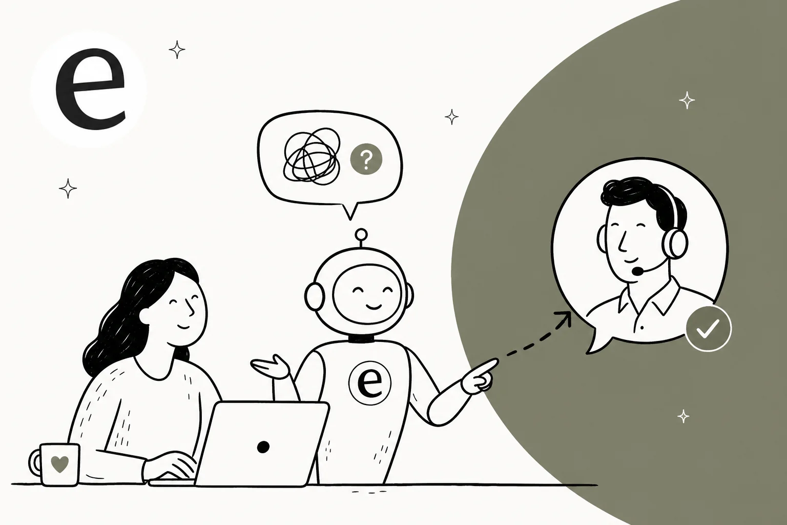 Ilustración editorial dibujada a mano que muestra una conversación de chat de IA transfiriéndose limpiamente a un agente humano