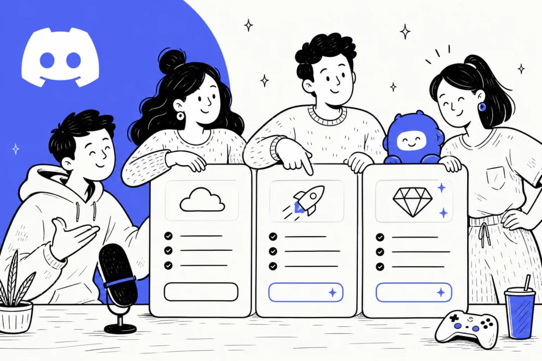 オフホワイトの背景にオリーブ色のアクセントでDiscordの料金プランを示したエディトリアルイラスト