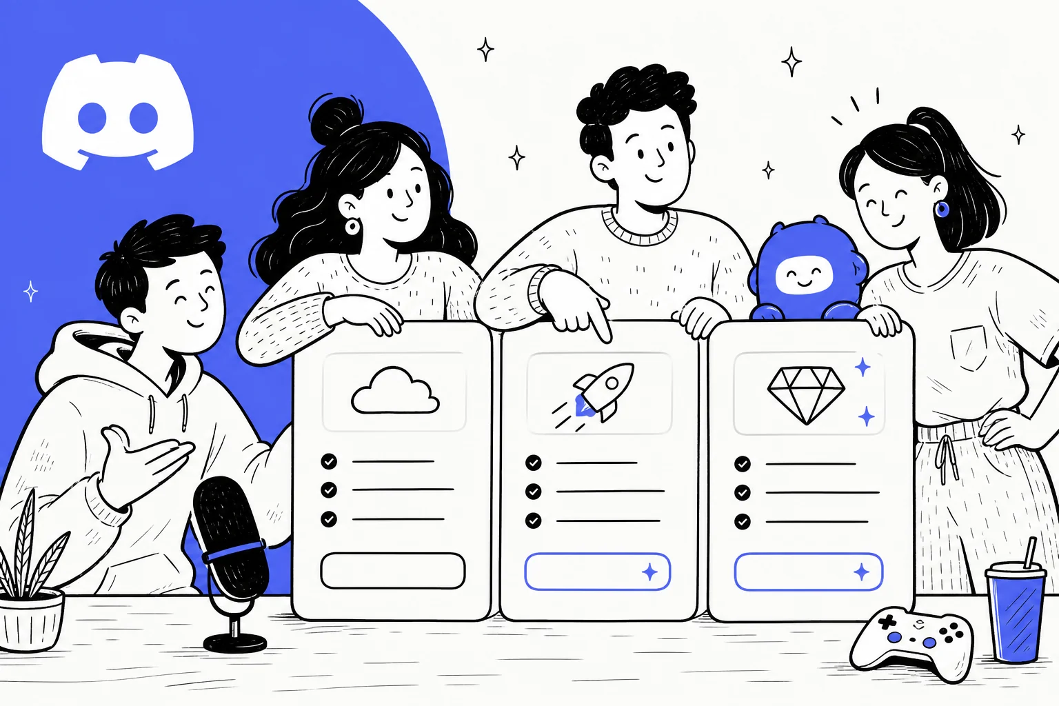 オフホワイトの背景にオリーブ色のアクセントでDiscordの料金プランを示したエディトリアルイラスト