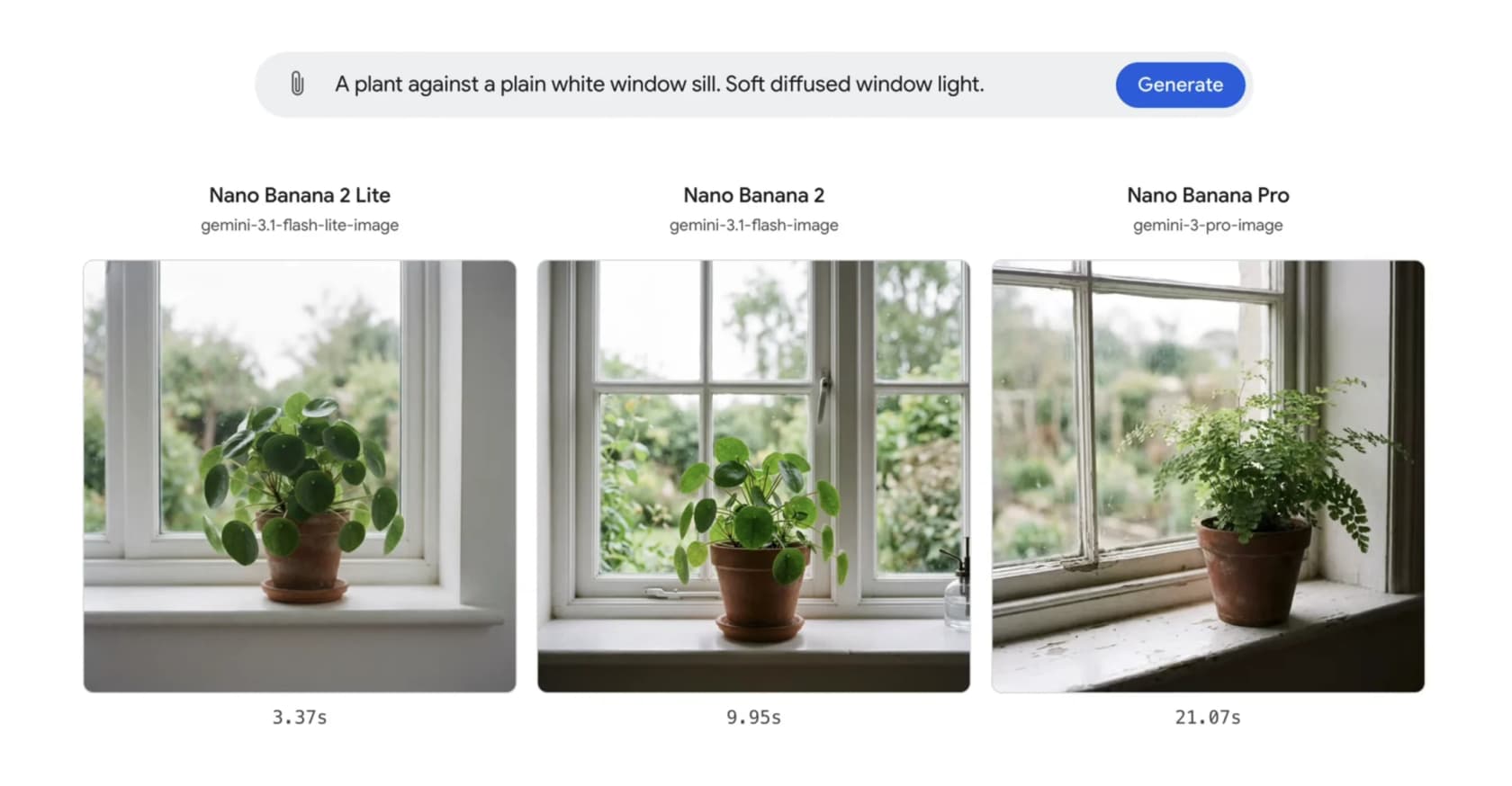 A three-way AI Studio comparison showing Nano Banana 2 Lite, Nano Banana 2, and Nano Banana Pro generating the same houseplant image, with generation times of 3.37s, 9.95s, and 21.07s, as taken from Google Cloud's blog