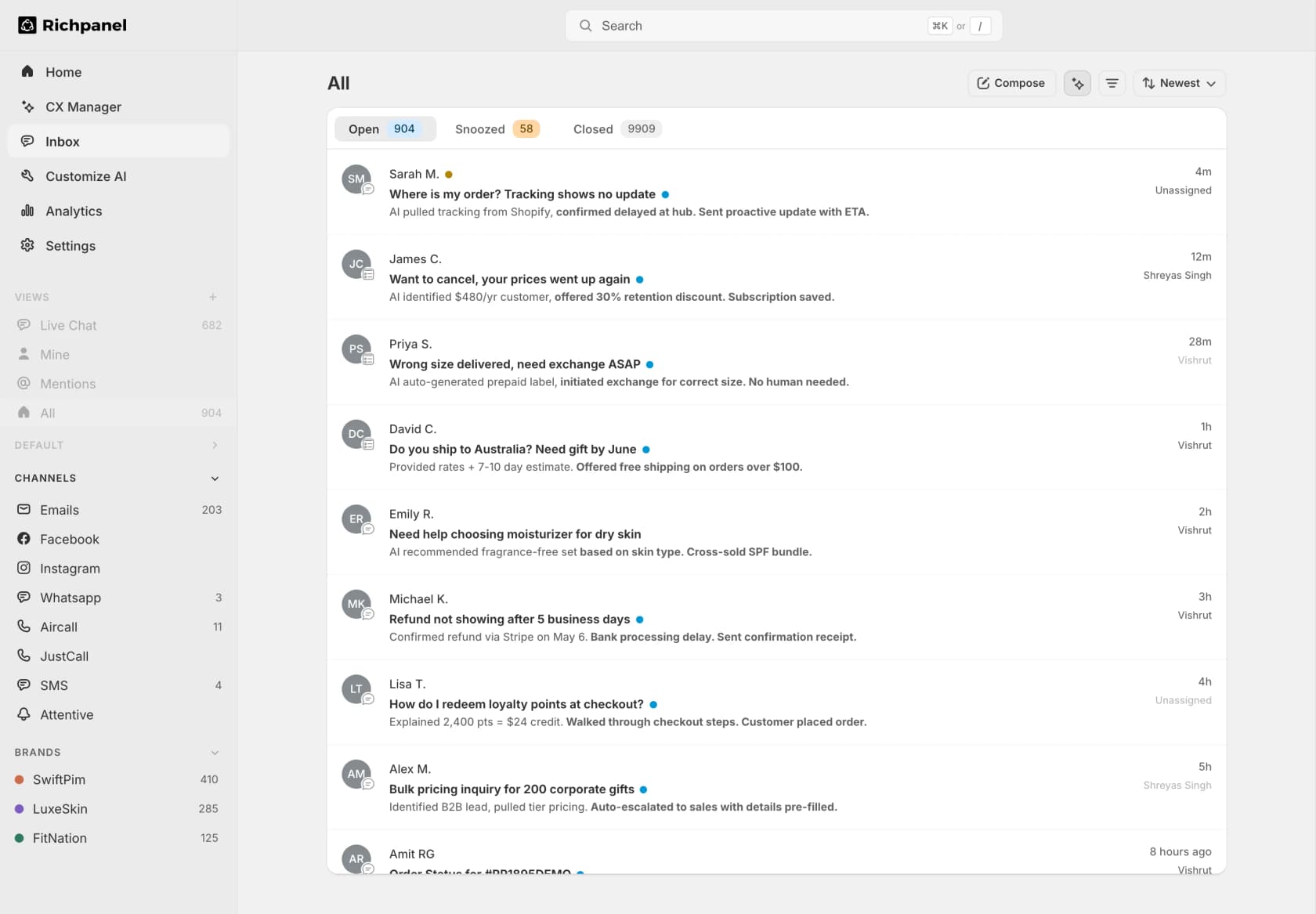Richpanel omnichannel inbox showing channels across email, Facebook, WhatsApp, and the AI assignment rule