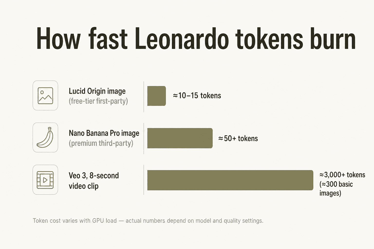Balkendiagramm zum Vergleich der Leonardo.AI Token-Kosten für ein Bild auf Lucid Origin, ein Bild auf Nano Banana Pro und einen 8-sekündigen Veo 3 Videoclip