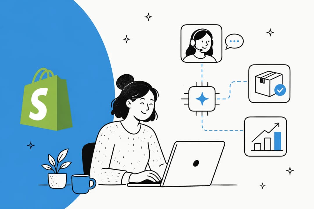 Illustration of a Shopify merchant at a laptop with an AI agent routing to support, orders, and sales