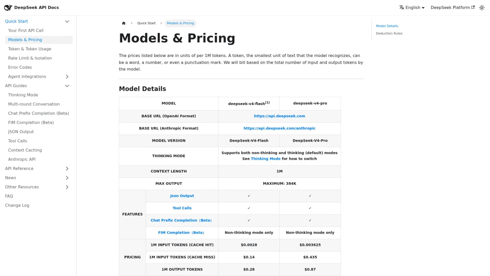DeepSeek's Models and Pricing page showing deepseek-v4-flash and deepseek-v4-pro in adjacent columns, as taken from the DeepSeek API docs