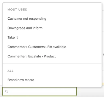 The apply-macro menu in a Zendesk ticket, showing a Most Used list of common macros, as documented by Zendesk