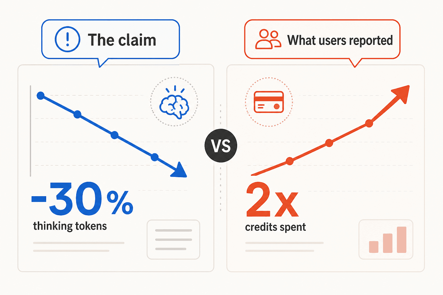 Split-panel diagram contrasting Moonshot's claimed 30% reduction in thinking tokens against Reddit reports of users spending credits twice as fast