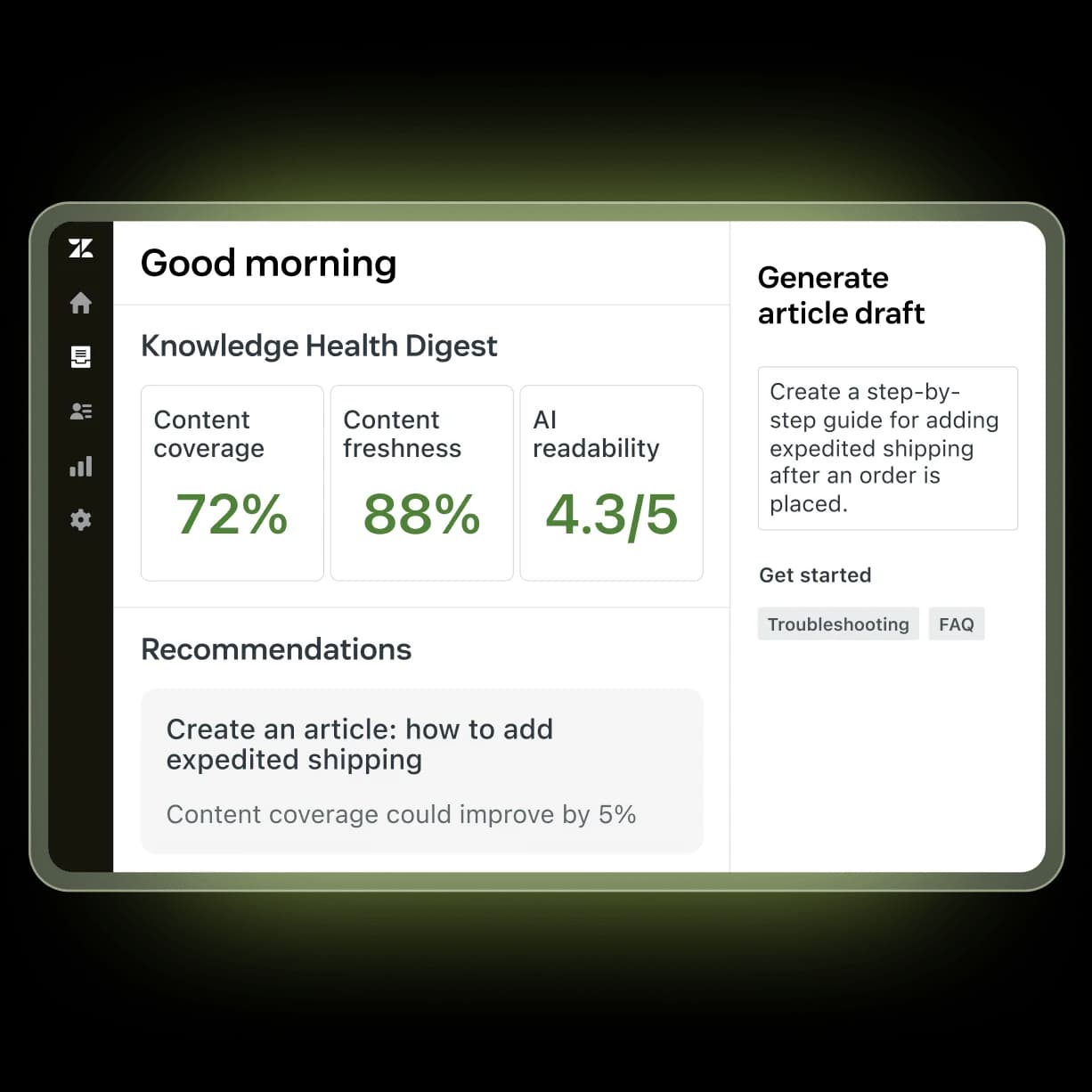 Knowledge Health Digest scoring content coverage, freshness, and AI readability with a recommended new article, as taken from Zendesk AI