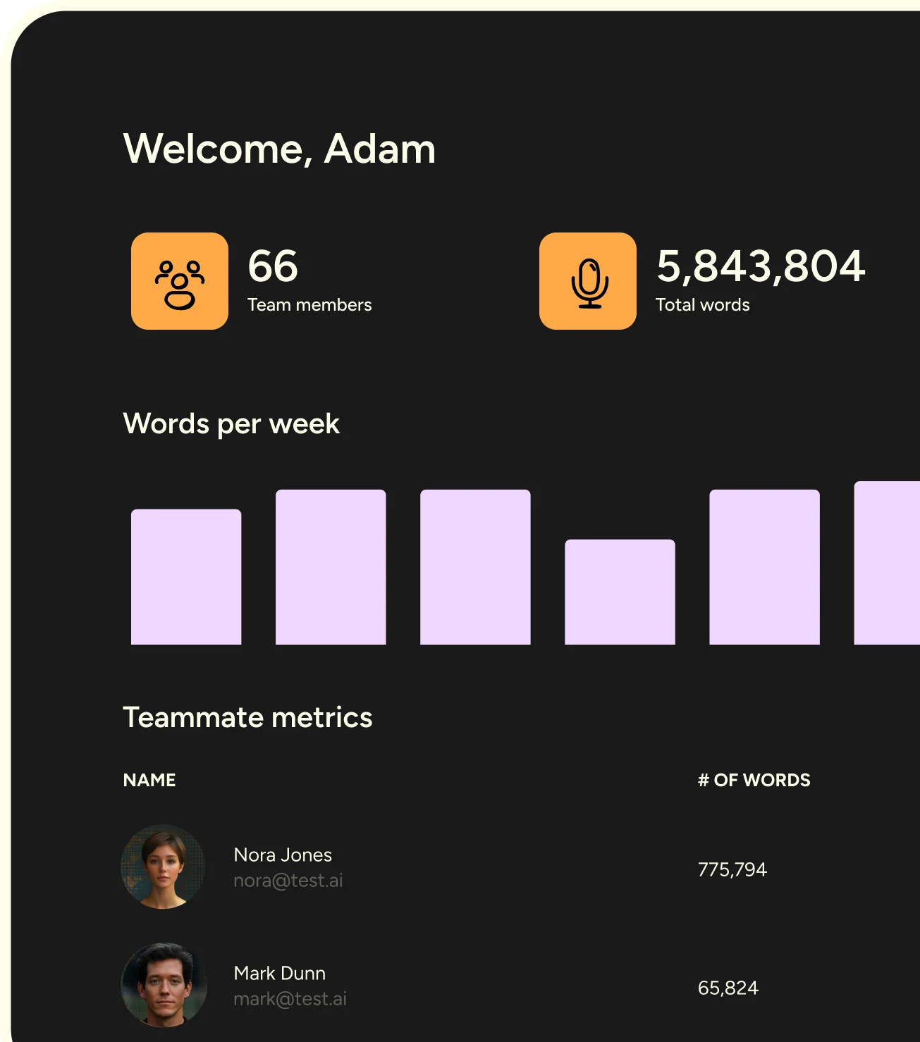 Panel de uso de Wispr Flow que muestra 66 miembros del equipo y 5.843.804 palabras en total, tomado de Wispr Flow