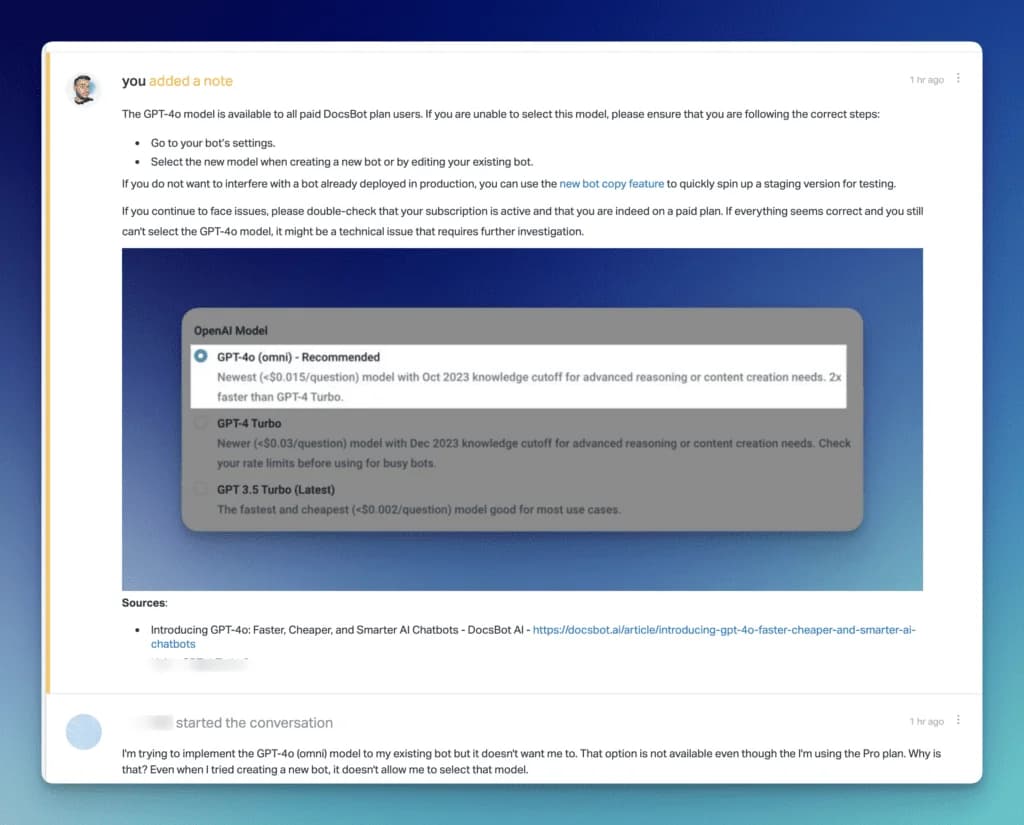 DocsBot drafting an AI reply with sources as an internal note inside a Help Scout conversation, as taken from DocsBot