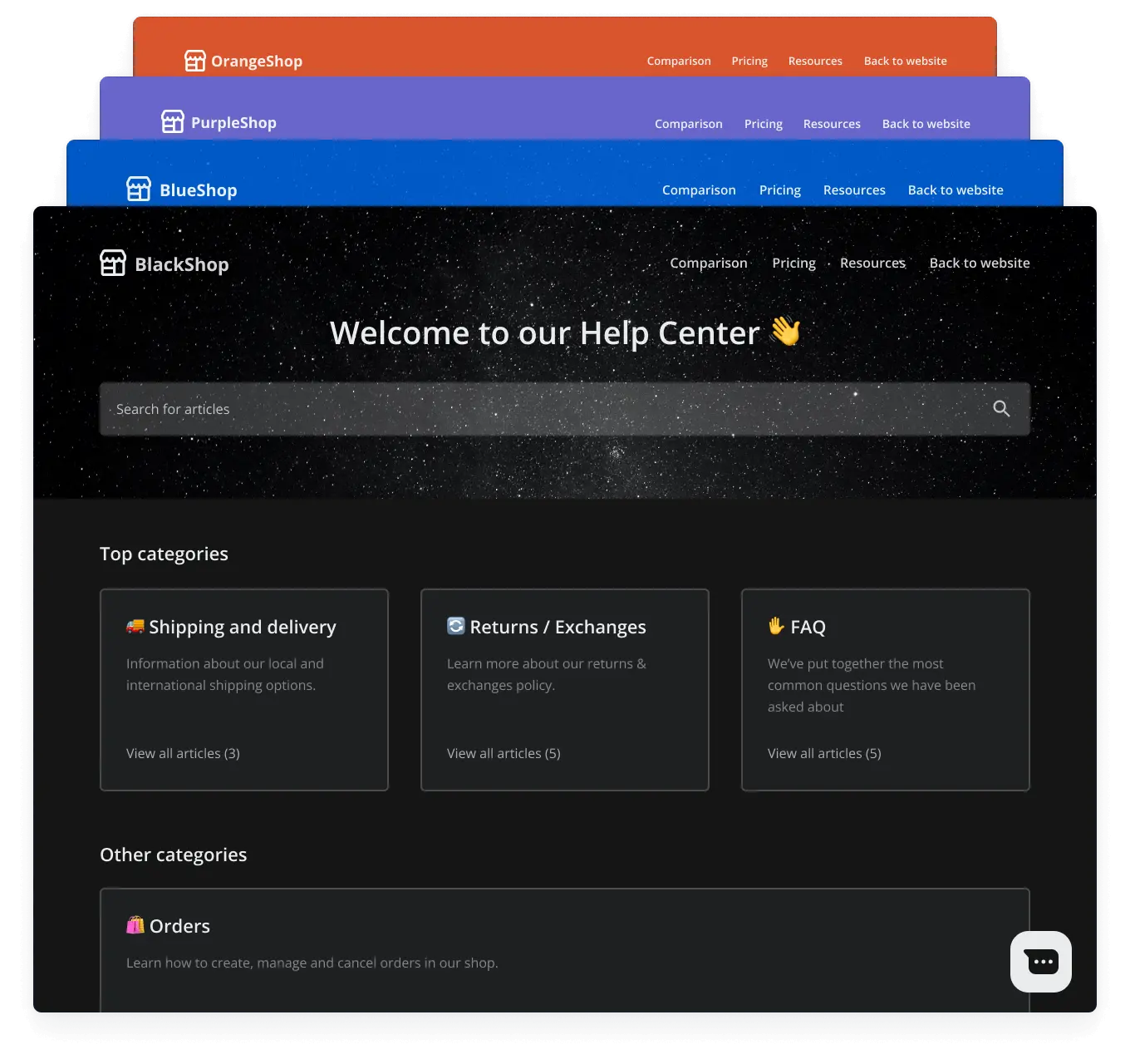 HelpCrunch help center themes in several brand colors, as taken from HelpCrunch