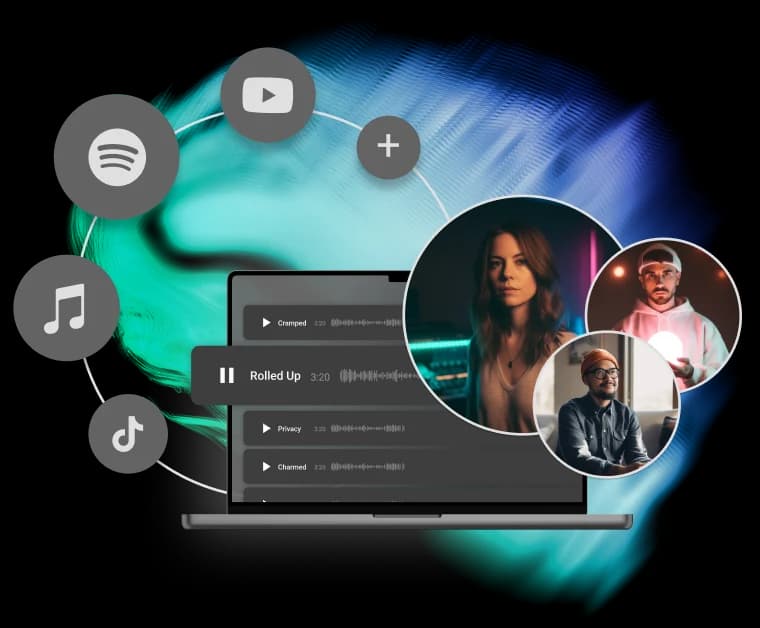 Ilustração do painel de distribuição do Loudly mostrando um MacBook com logos do Spotify, TikTok, YouTube e outras plataformas