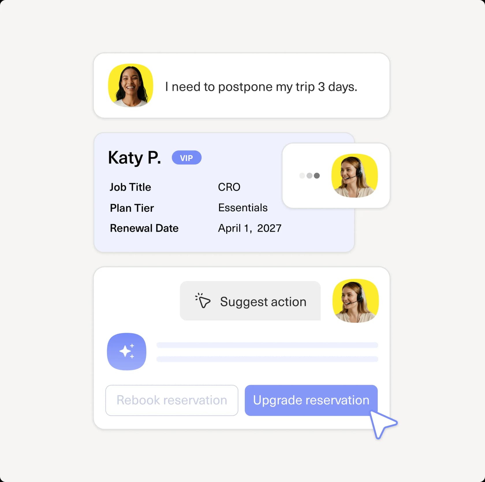 Kustomer's Envoy copilot showing the customer profile and an AI-suggested next action for a human rep, as taken from Kustomer