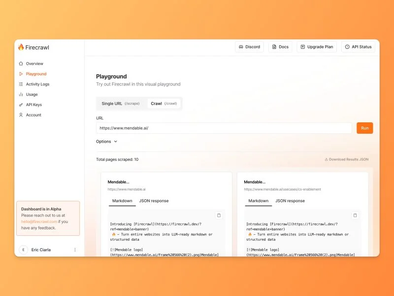 Playground do Firecrawl mostrando a raspagem do mendable.ai, retirado do LinkedIn