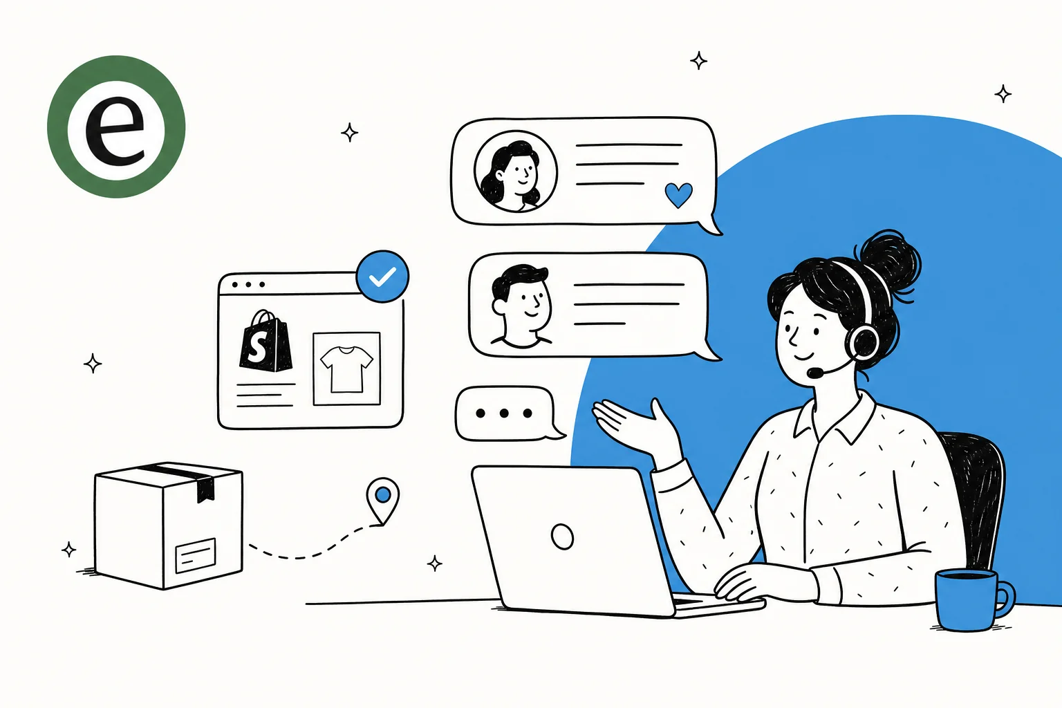 チャット、注文追跡、Shopifyのストアフロントを処理するECサポート担当者のイラスト