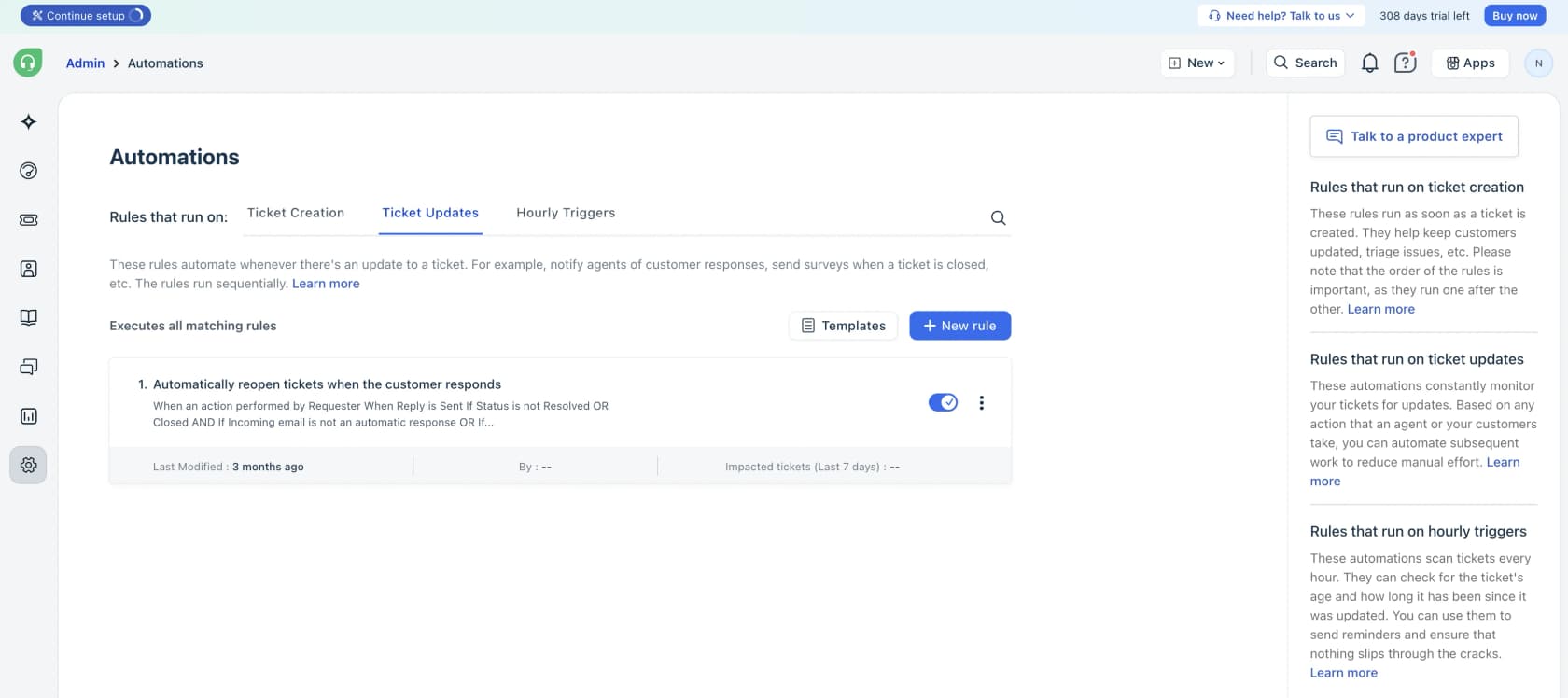 The Freshdesk admin Automations page with the left navigation, rule tabs, and a sample auto-reopen rule, as taken from Freshworks