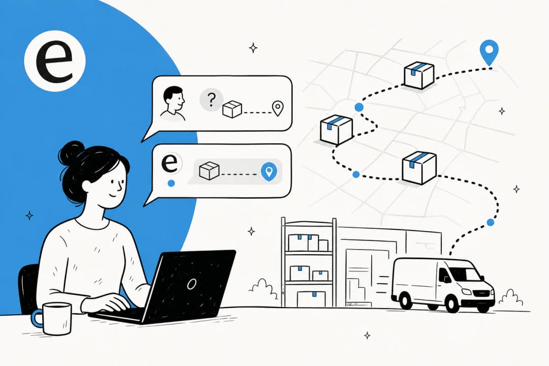 Editorial illustration of a support agent answering a where-is-my-order chat next to a delivery route, warehouse, and van