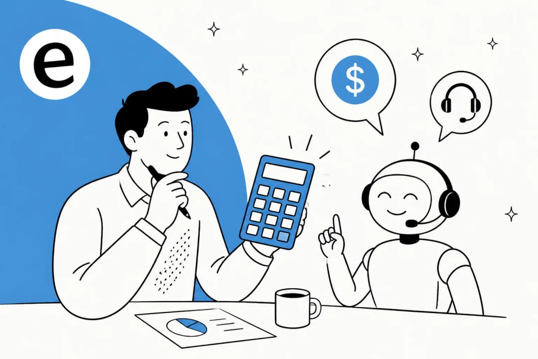 Illustration of AI customer service cost shown as dollars per ticket on a pricing calculator