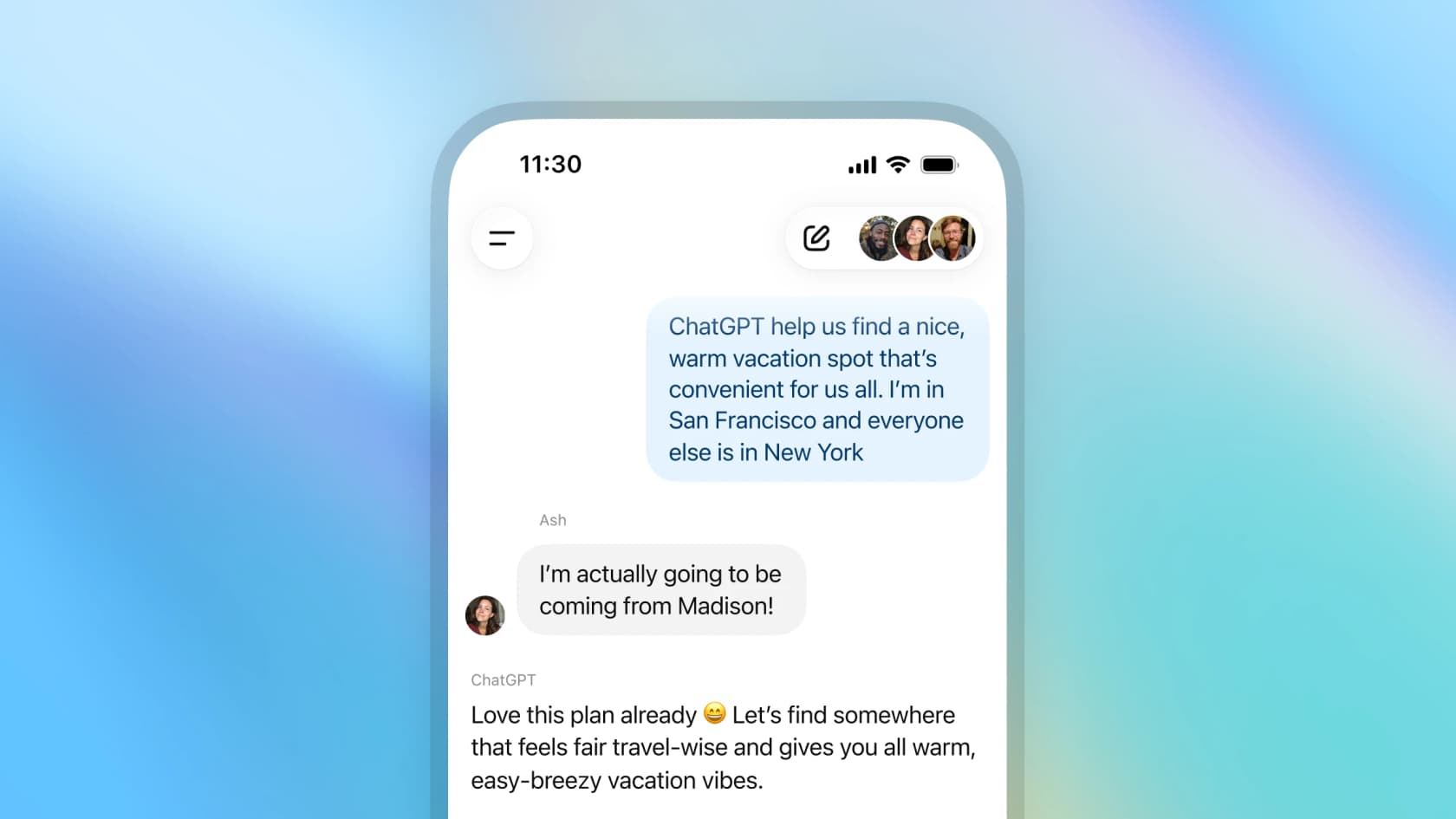 Eine telefonstil-Gruppenchat-Oberfläche, auf der drei Nutzer einen warmen Urlaubsort koordinieren, mit ChatGPT, das mit einem lockeren „Ich liebe diesen Plan schon" antwortet, aus OpenAIs Feature-Seite.