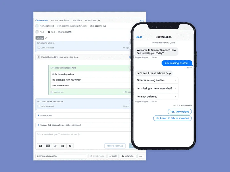 Helpshift's Answer Bot suggesting FAQ articles in the agent console and on a mobile chat, as shown on Helpshift's QuickSearch Bot documentation