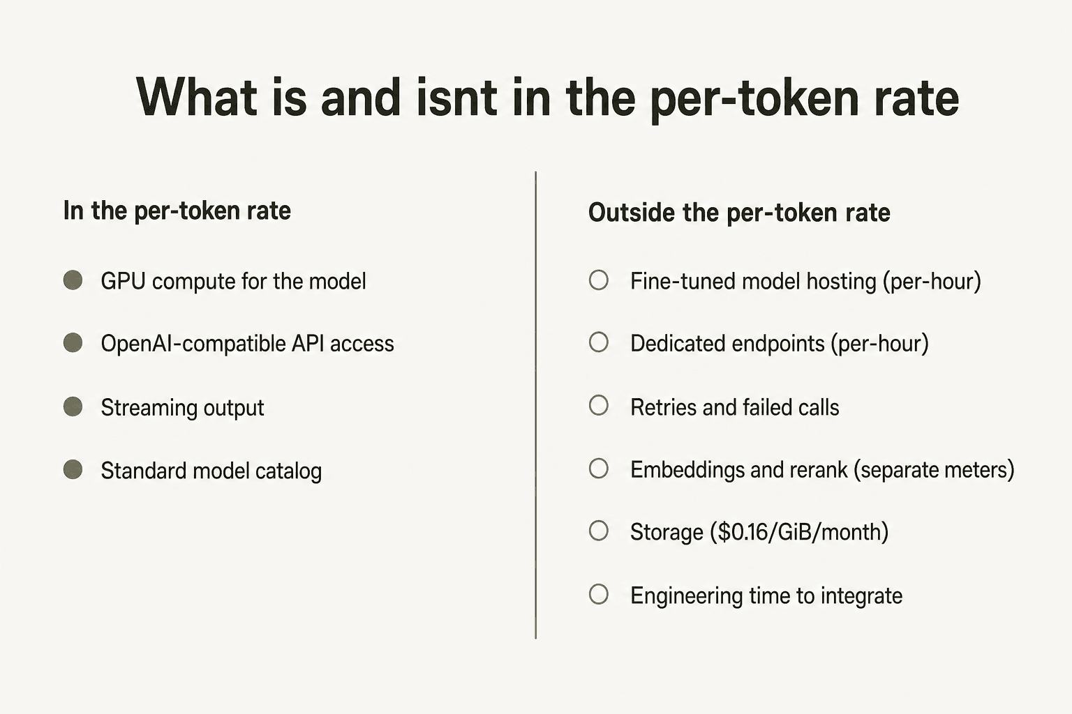 Lo que se incluye y lo que no en la tarifa por token: cómputo de GPU y acceso a la API compatible con OpenAI por un lado; hosting dedicado, embeddings, reintentos, almacenamiento y tiempo de ingeniería por el otro