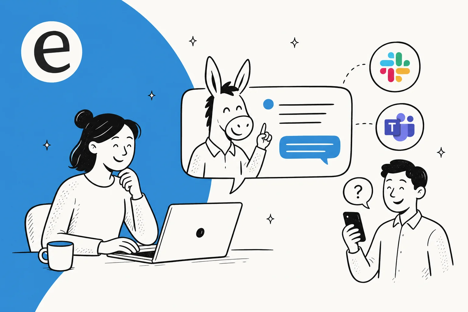 Illustration of an HR chatbot answering employee questions inside Slack and Microsoft Teams
