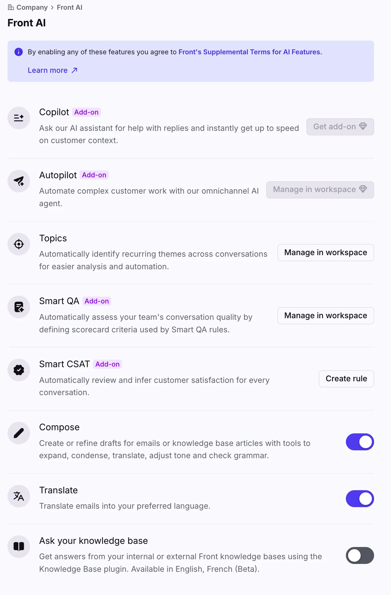 Front's AI settings panel, where an admin enables Copilot, Autopilot, Topics and the rest, as captured from Front's help center