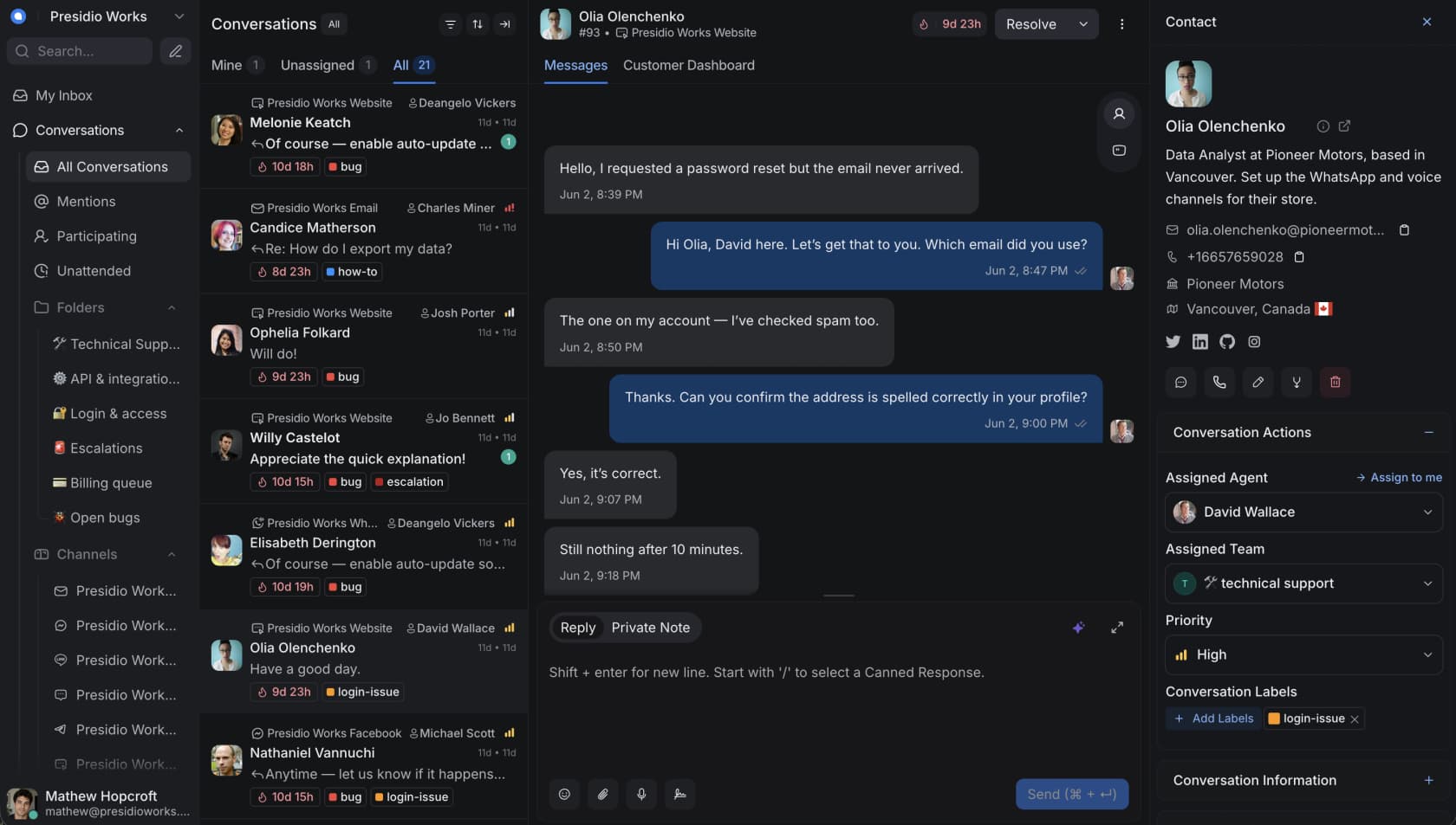 The Chatwoot agent inbox, where a customer conversation, contact details, and routing all sit in one view, as taken from Chatwoot