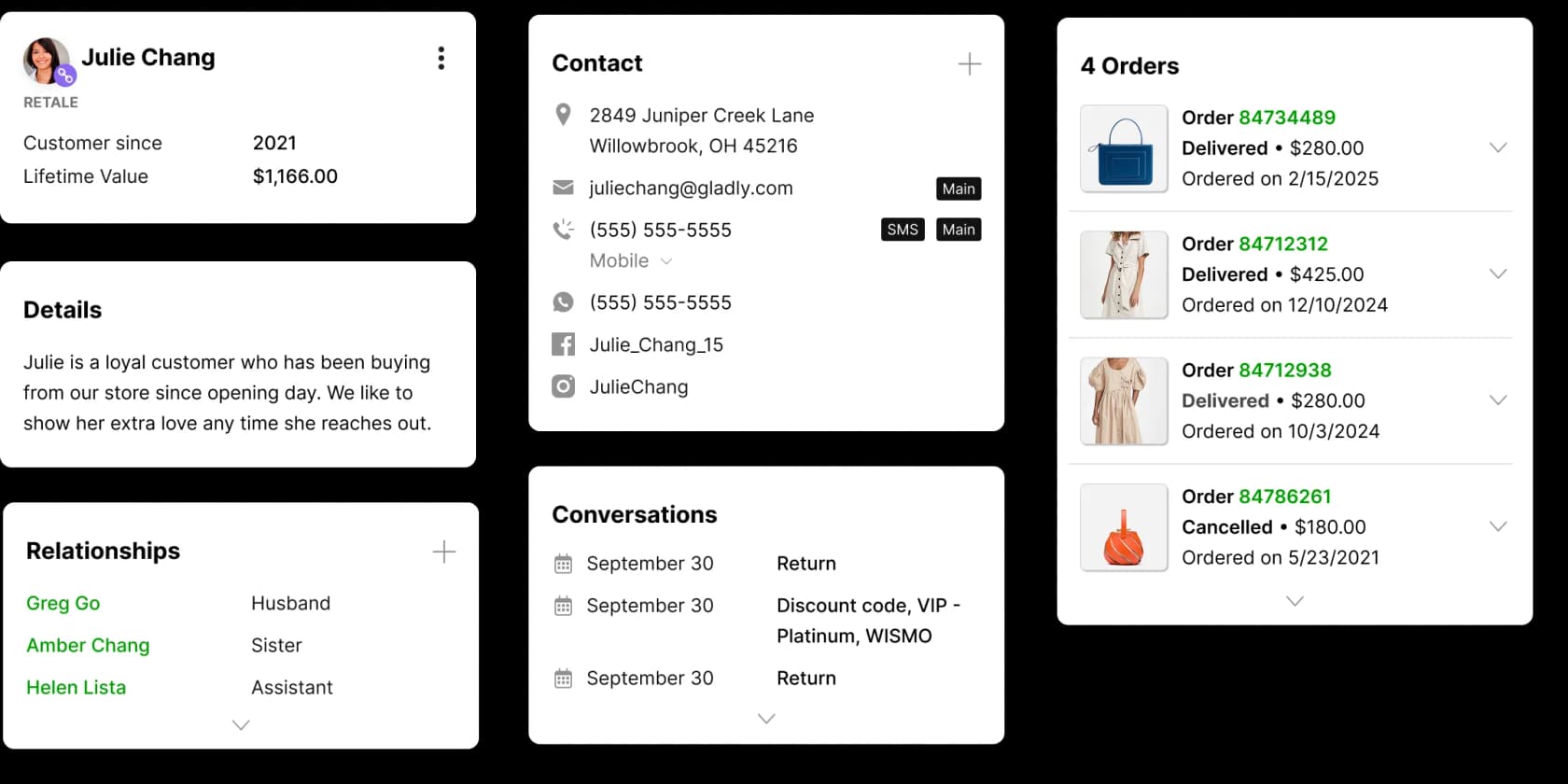 A customer profile in Gladly showing lifetime value, orders, and conversation history in one view, as taken from Gladly
