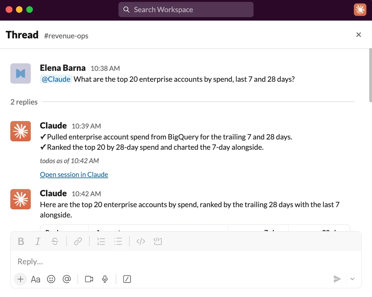 @Claude pulling the top 20 enterprise accounts by spend from BigQuery and posting them in a Slack thread, as taken from Anthropic