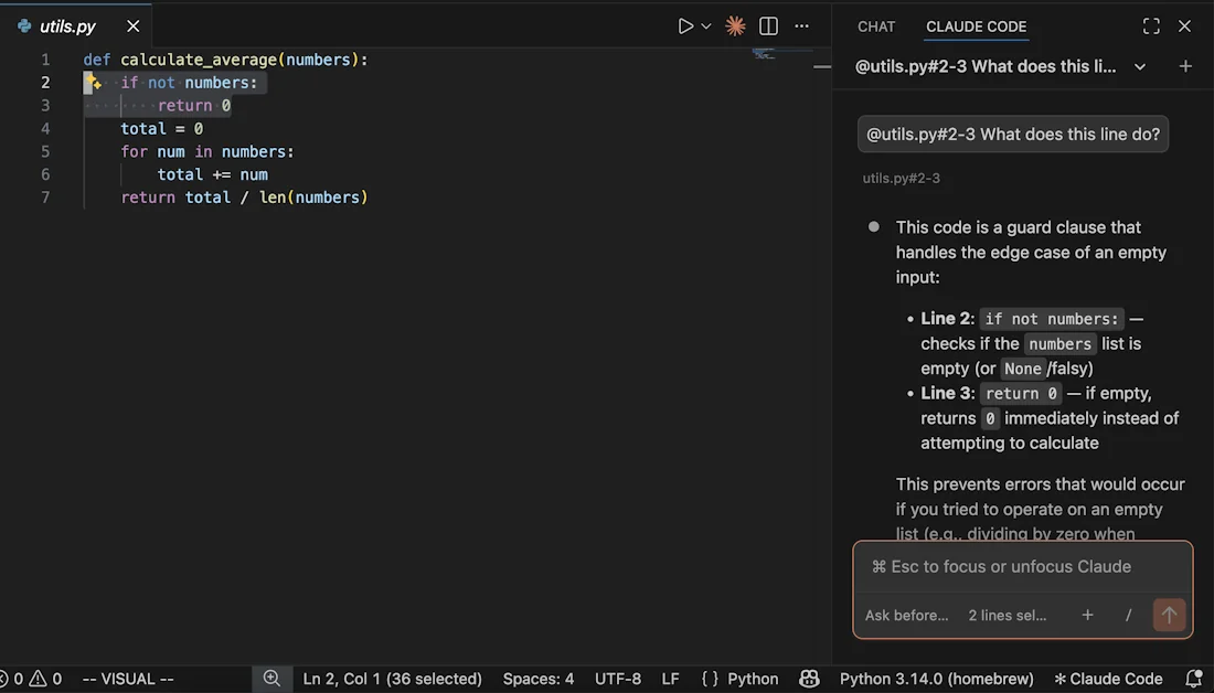 Das Auswählen der Zeilen 2-3 in utils.py fügt eine @utils.py#2-3 Referenz in den Claude Code Prompt ein