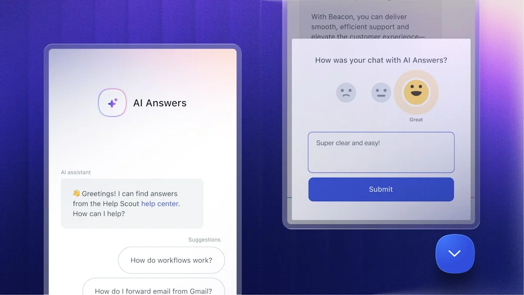 ヘルプセンターから顧客の質問に答える Help Scout AI Answers チャットウィジェット、Help Scout より
