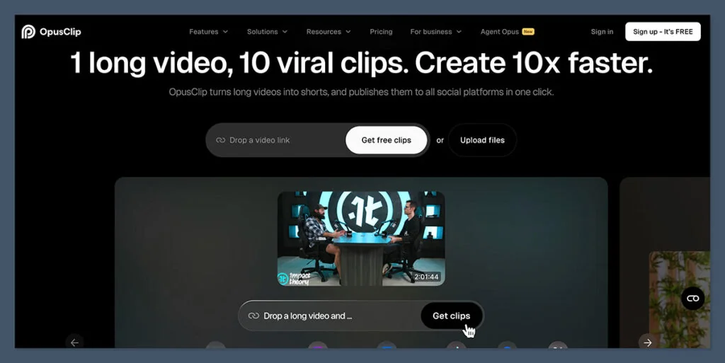 Página inicial do OpusClip – "1 vídeo longo, 10 clipes virais. Crie 10x mais rápido.", retirado de Fritz AI
