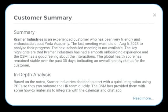 Custify's AI customer summary panel, which produces a written account summary and in-depth analysis, as taken from Custify
