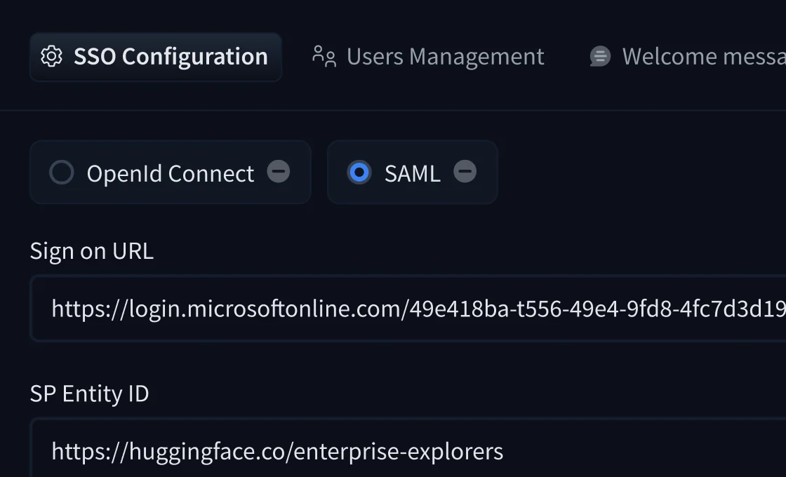 Painel de configuração de SSO do Enterprise Hub mostrando SAML selecionado com campos de URL de logon e SP Entity ID