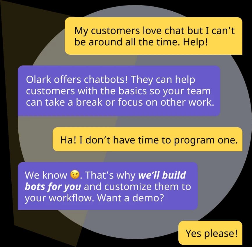 Olark CoPilot répondant à une question d'un visiteur sur les chatbots personnalisés, extrait de Olark